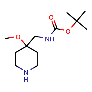 Chemical structure of tert-butyl ((4-methoxypiperidin-4-yl)methyl)carbamate , CAS 188974-02-9, AChemBlock Q64370