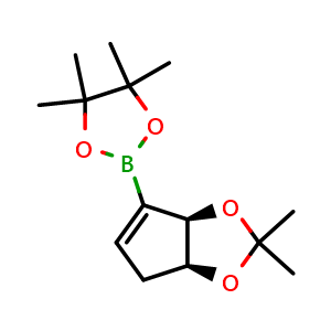 Chemical structure of 2-((3aS,6aR)-2,2-dimethyl-3a,6a-dihydro-4H-cyclopenta[d][1,3]dioxol-6-yl)-4,4,5,5-tetramethyl-1,3,2-dioxaborolane , AChemBlock Q64420