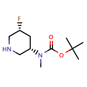 Chemical structure of tert-butyl ((3S,5R)-5-fluoropiperidin-3-yl)(methyl)carbamate , CAS 2165780-51-6, AChemBlock Q64434