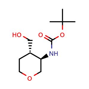 Chemical structure of tert-butyl ((3R,4S)-4-(hydroxymethyl)tetrahydro-2H-pyran-3-yl)carbamate , CAS 1402566-32-8, AChemBlock Q64455