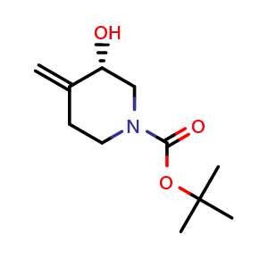 Chemical structure of tert-butyl (S)-3-hydroxy-4-methylenepiperidine-1-carboxylate , CAS 1101840-75-8, AChemBlock Q64469
