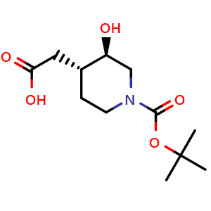 Chemical structure of 2-((3R,4R)-1-(tert-butoxycarbonyl)-3-hydroxypiperidin-4-yl)acetic acid , CAS 396729-65-0, AChemBlock Q64473
