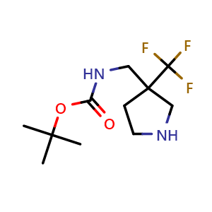 Chemical structure of tert-butyl ((3-(trifluoromethyl)pyrrolidin-3-yl)methyl)carbamate , CAS 186203-22-5, AChemBlock Q64505