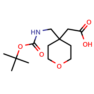 Chemical structure of 2-(4-(((tert-butoxycarbonyl)amino)methyl)tetrahydro-2H-pyran-4-yl)acetic acid , CAS 1782244-42-1, AChemBlock Q64523