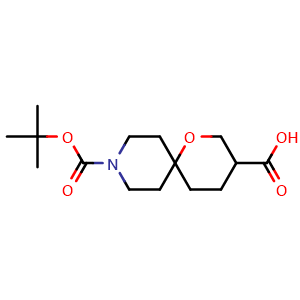 Chemical structure of 9-(tert-butoxycarbonyl)-1-oxa-9-azaspiro[5.5]undecane-3-carboxylic acid , CAS 1251000-68-6, AChemBlock Q64586