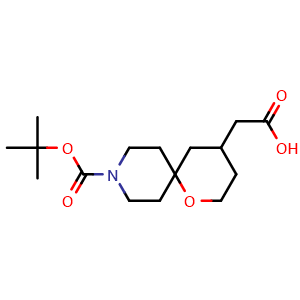 Chemical structure of 2-(9-(tert-butoxycarbonyl)-1-oxa-9-azaspiro[5.5]undecan-4-yl)acetic acid , CAS 2026649-89-6, AChemBlock Q64587