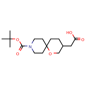 Chemical structure of 2-(9-(tert-butoxycarbonyl)-1-oxa-9-azaspiro[5.5]undecan-3-yl)acetic acid , CAS 1599479-20-5, AChemBlock Q64588