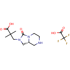 Chemical structure of (R)-2,2-dimethyl-3-(3-oxohexahydroimidazo[1,5-a]pyrazin-2(3H)-yl)propanoic acid compound with 2,2,2-trifluoroacetic acid (1:1) , CAS 2306252-88-8, AChemBlock Q64591
