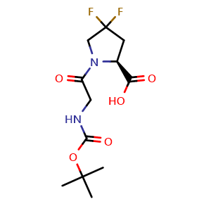Chemical structure of (S)-1-((tert-butoxycarbonyl)glycyl)-4,4-difluoropyrrolidine-2-carboxylic acid , CAS 2306252-51-5, AChemBlock Q64626