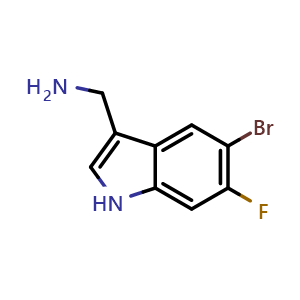 Chemical structure of (5-bromo-6-fluoro-1H-indol-3-yl)methanamine , CAS 1781561-74-7, AChemBlock Q64641