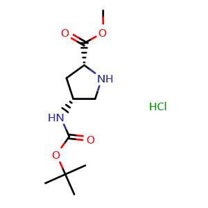 Chemical structure of methyl (2R,4R)-4-((tert-butoxycarbonyl)amino)pyrrolidine-2-carboxylate hydrochloride , CAS 1279038-36-6, AChemBlock Q64665