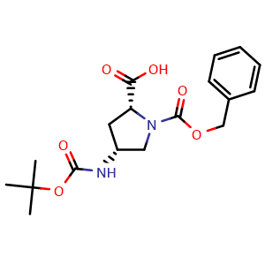 Chemical structure of (2R,4R)-1-((benzyloxy)carbonyl)-4-((tert-butoxycarbonyl)amino)pyrrolidine-2-carboxylic acid , CAS 2306252-46-8, AChemBlock Q64666