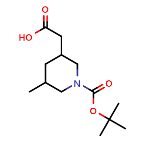 Chemical structure of 2-(1-(tert-butoxycarbonyl)-5-methylpiperidin-3-yl)acetic acid , CAS 2248368-63-8, AChemBlock Q64717
