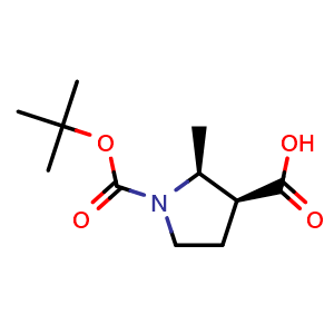 Chemical structure of (2S,3S)-1-(tert-butoxycarbonyl)-2-methylpyrrolidine-3-carboxylic acid , CAS 664364-34-5, AChemBlock Q64757