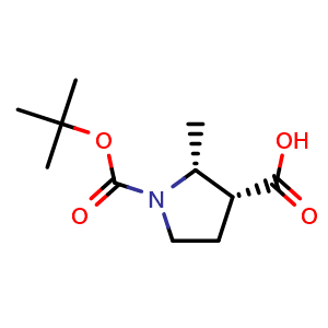 Chemical structure of (2R,3R)-1-(tert-butoxycarbonyl)-2-methylpyrrolidine-3-carboxylic acid , CAS 1441167-21-0, AChemBlock Q64758