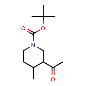 Chemical structure of tert-butyl 3-acetyl-4-methylpiperidine-1-carboxylate , CAS 2022787-22-8, AChemBlock Q64780