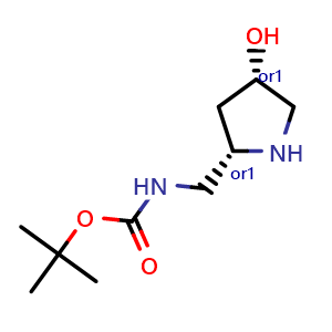 Chemical structure of tert-butyl N-{[cis-4-hydroxypyrrolidin-2-yl]methyl}carbamate , CAS 2306252-54-8, AChemBlock Q64798