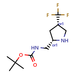 Chemical structure of tert-butyl N-{[cis-4-(trifluoromethyl)pyrrolidin-2-yl]methyl}carbamate , CAS 2306252-48-0, AChemBlock Q64805