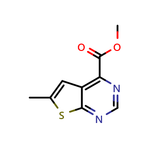 Chemical structure of methyl 6-methylthieno[2,3-d]pyrimidine-4-carboxylate , CAS 2306268-20-0, AChemBlock Q64830