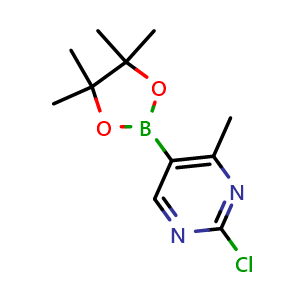 Chemical structure of 2-chloro-4-methyl-5-(4,4,5,5-tetramethyl-1,3,2-dioxaborolan-2-yl)pyrimidine , CAS 2223052-31-9, AChemBlock Q64837