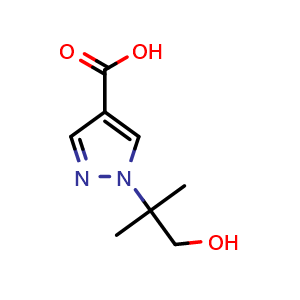 Chemical structure of 1-(1-hydroxy-2-methylpropan-2-yl)-1H-pyrazole-4-carboxylic acid , CAS 2306277-32-5, AChemBlock Q64841