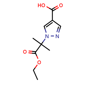 Chemical structure of 1-(1-ethoxy-2-methyl-1-oxopropan-2-yl)-1H-pyrazole-4-carboxylic acid , CAS 2306269-31-6, AChemBlock Q64843