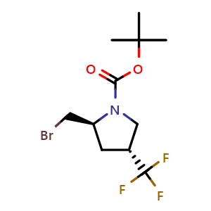 Chemical structure of tert-butyl (2S,4R)-2-(bromomethyl)-4-(trifluoromethyl)pyrrolidine-1-carboxylate , CAS 2306245-54-3, AChemBlock Q64873