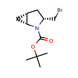 Chemical structure of tert-butyl (1R,3R,5R)-3-(bromomethyl)-2-azabicyclo[3.1.0]hexane-2-carboxylate , CAS 2227198-68-5, AChemBlock Q64882