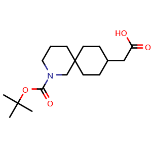 Chemical structure of 2-(2-(tert-butoxycarbonyl)-2-azaspiro[5.5]undecan-9-yl)acetic acid , CAS 2306265-10-9, AChemBlock Q64899