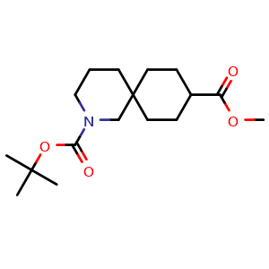 Chemical structure of 2-(tert-butyl) 9-methyl 2-azaspiro[5.5]undecane-2,9-dicarboxylate , CAS 1624799-96-7, AChemBlock Q64900