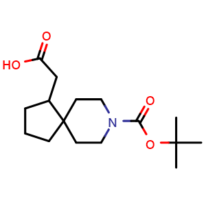 Chemical structure of 2-(8-(tert-Butoxycarbonyl)-8-azaspiro[4.5]decan-1-yl)acetic acid , CAS 2171810-77-6, AChemBlock Q64904