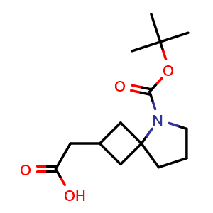 Chemical structure of 2-(5-(tert-butoxycarbonyl)-5-azaspiro[3.4]octan-2-yl)acetic acid , CAS 2306271-42-9, AChemBlock Q64921