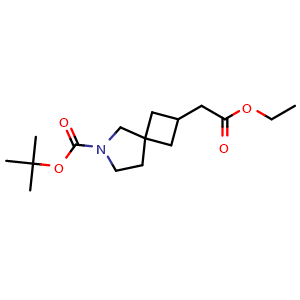Chemical structure of tert-butyl 2-(2-ethoxy-2-oxoethyl)-6-azaspiro[3.4]octane-6-carboxylate , CAS 203662-33-3, AChemBlock Q64925