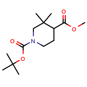 Chemical structure of 1-(tert-Butyl) 4-methyl 3,3-dimethylpiperidine-1,4-dicarboxylate , CAS 1915004-57-7, AChemBlock Q64943