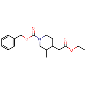 Chemical structure of benzyl 4-(2-ethoxy-2-oxoethyl)-3-methylpiperidine-1-carboxylate , CAS 1242427-29-7, AChemBlock Q64947