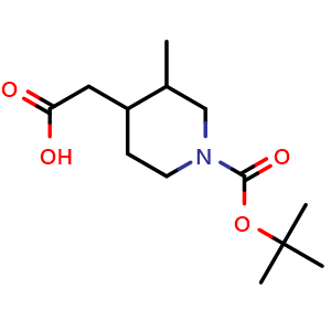 Chemical structure of 2-(1-(tert-butoxycarbonyl)-3-methylpiperidin-4-yl)acetic acid , CAS 1284455-26-0, AChemBlock Q64948
