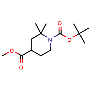 Chemical structure of 1-(tert-butyl) 4-methyl 2,2-dimethylpiperidine-1,4-dicarboxylate , CAS 2113627-49-7, AChemBlock Q64951