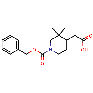 Chemical structure of 2-(1-((benzyloxy)carbonyl)-3,3-dimethylpiperidin-4-yl)acetic acid , CAS 2270905-13-8, AChemBlock Q64958