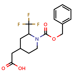 Chemical structure of 2-(1-((benzyloxy)carbonyl)-2-(trifluoromethyl)piperidin-4-yl)acetic acid , CAS 2306265-52-9, AChemBlock Q64965
