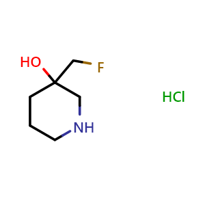 Chemical structure of 3-(fluoromethyl)piperidin-3-ol hydrochloride , CAS 2306262-40-6, AChemBlock Q65000