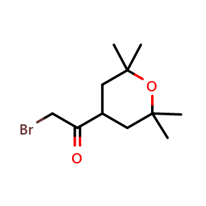 Chemical structure of 2-bromo-1-(2,2,6,6-tetramethyltetrahydro-2H-pyran-4-yl)ethan-1-one , CAS 1657017-13-4, AChemBlock Q65049