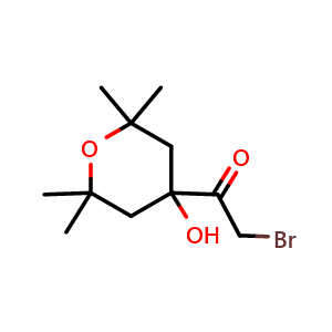 Chemical structure of 2-bromo-1-(4-hydroxy-2,2,6,6-tetramethyltetrahydro-2H-pyran-4-yl)ethan-1-one , CAS 1657017-16-7, AChemBlock Q65052