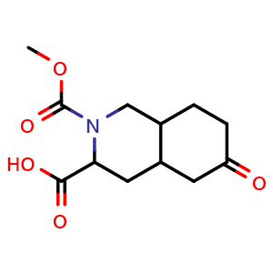 Chemical structure of 2-(methoxycarbonyl)-6-oxodecahydroisoquinoline-3-carboxylic acid , CAS 1236931-30-8, AChemBlock Q65061