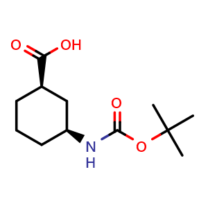Chemical structure of (1R,3S)-3-((tert-butoxycarbonyl)amino)cyclohexane-1-carboxylic acid , CAS 222530-39-4, AChemBlock Q65072