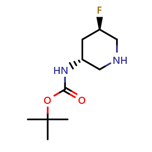Chemical structure of tert-butyl ((3R,5R)-5-fluoropiperidin-3-yl)carbamate , CAS 1363378-07-7, AChemBlock Q65090