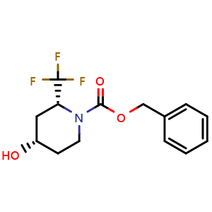 Chemical structure of benzyl (2R,4S)-4-hydroxy-2-(trifluoromethyl)piperidine-1-carboxylate , CAS 2382050-05-5, AChemBlock Q65099