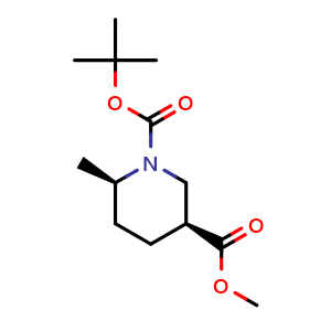 Chemical structure of 1-(tert-butyl) 3-methyl (3S,6R)-6-methylpiperidine-1,3-dicarboxylate , CAS 1009376-98-0, AChemBlock Q65129