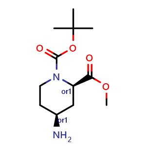 Chemical structure of rel-1-(tert-butyl) 2-methyl (2R,4S)-4-aminopiperidine-1,2-dicarboxylate , CAS 1260981-95-0, AChemBlock Q65165