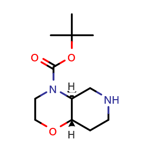 Chemical structure of tert-butyl (4aS,8aS)-octahydro-4H-pyrido[4,3-b][1,4]oxazine-4-carboxylate , CAS 1821773-80-1, AChemBlock Q65172