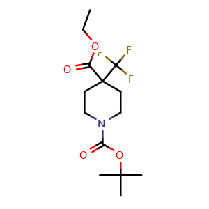 Chemical structure of 1-(tert-butyl) 4-ethyl 4-(trifluoromethyl)piperidine-1,4-dicarboxylate , CAS 1255099-09-2, AChemBlock Q65198